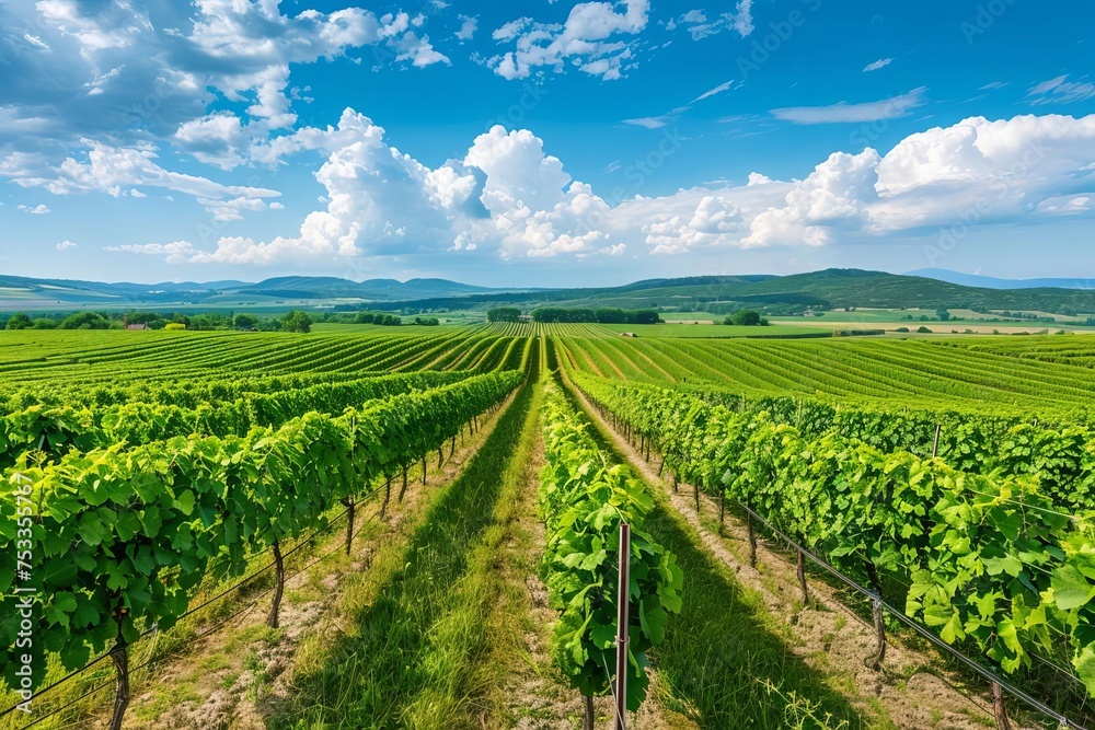 Vineyard landscape with lush green rows of grapevines Symbolizing agriculture Winemaking And the beauty of rural landscapes