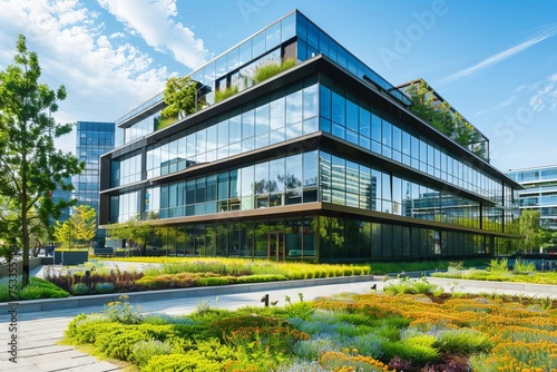 Urban eco-friendly office building with rooftop garden Promoting sustainability and wellness in the workplace