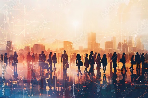 Urban networking concept with silhouetted figures against a cityscape Highlighting community and business connections in a digital age