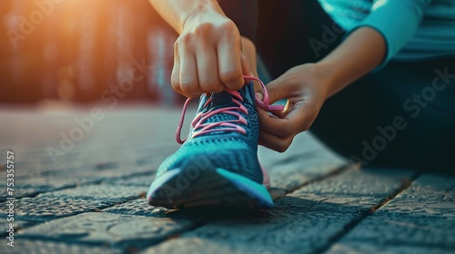 Close up woman hand tying shoes, healthy running at morning exercise