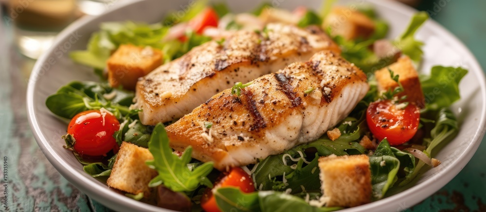 Grilled fish, croutons, and cherry tomatoes on a salmon Caesar salad.