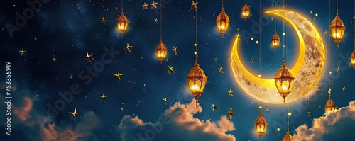 Greeting card background, eid mubarak glowing crescent moon with hanging lantern, ramadan kareem