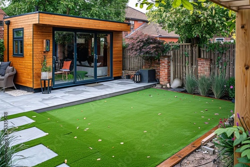 Back garden view showcasing a well-designed outdoor living space with artificial grass Paving slabs And a timber outbuilding Perfect for home and garden inspiration photo