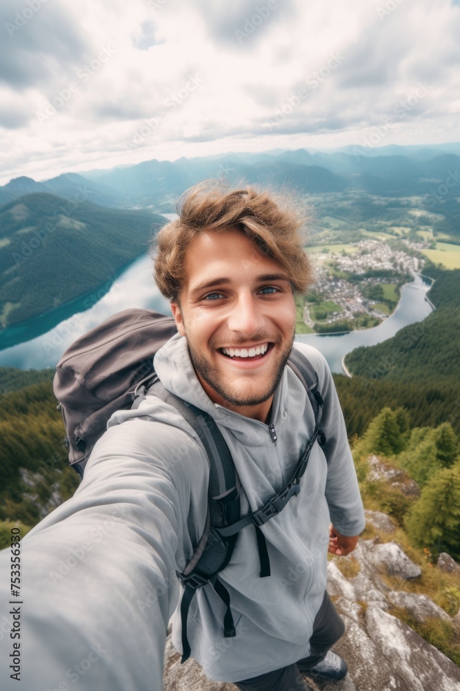Hiker taking a selfie while out trekking in the wilderness