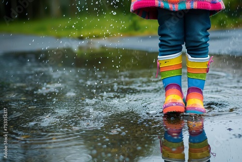 Child jumping in puddles wearing colorful boots Enjoying the rain