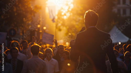 Man doing a speech outdoor in front of a crowd of members of a political party