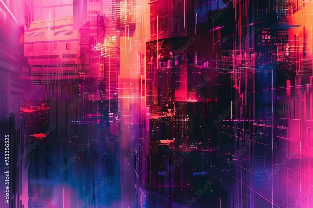 Cyberpunk inspired abstract digital artwork with neon glitches Showcasing a futuristic dystopian aesthetic