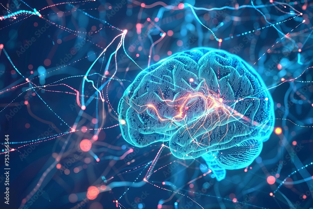 Detailed close-up of the human brain showing neural activity and connections Illustrating concepts of thought Intelligence And mental health Detailed close-up of the human brain showing neural activity and connections Illustrating concepts of thought Intelligence And mental health