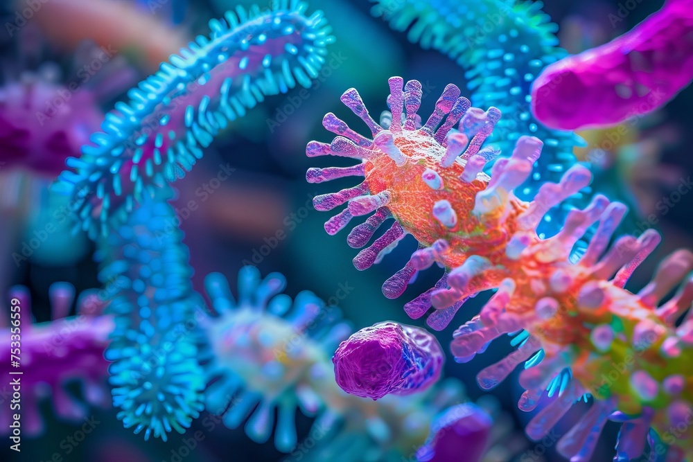 Detailed macro shot of vibrant bacteria and virus cells Showcasing the complexity and beauty of microscopic life Detailed macro shot of vibrant bacteria and virus cells Showcasing the complexity and beauty of microscopic life