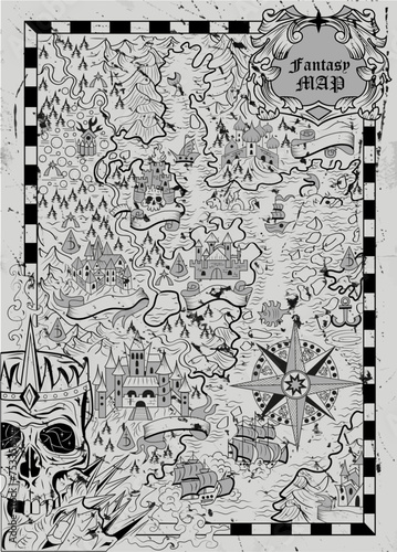 Vintage fantasy map with unknown land, ships, skull, compass and creatures on textured background. Pirate adventures, treasure hunt and old transportation concept. Hand drawn vector illustration.