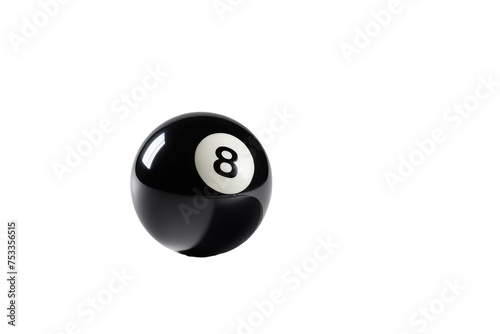 Black 8 ball, isolated full view, high-key lighting, stark white background, defining shadow beneath, gloss finish reflecting a soft overhead light, stock photo, ultra clear