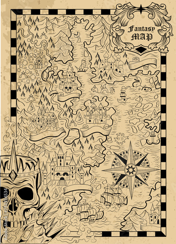 Old fantasy map with unknown land, ships, skull, compass and creatures on textured background. Pirate adventures, treasure hunt and old transportation concept. Hand drawn vector illustration.