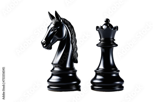 Black knight and queen chess piece centered on a pristine white backdrop, full frame, high contrast between the ebony figure and the stark background, shadow detail emphasizing shape, stock photo