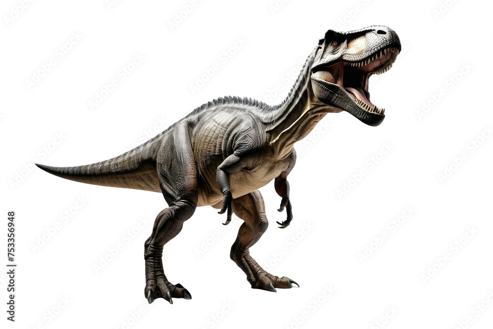 Obraz premium Dinosaur, full body shot, Tyrannosaurus Rex, studio lighting, shadow cast on a pure white background, sharp focus on textured scales, contrasting with the minimalist backdrop, high-resolution