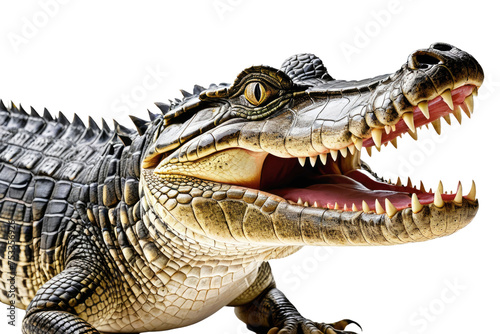 Crocodile  centered  detailed scales visible  open jaw revealing sharp teeth  eyes fixed on camera  tail curving behind body  pure white background  high resolution  stock photo  ultra clear