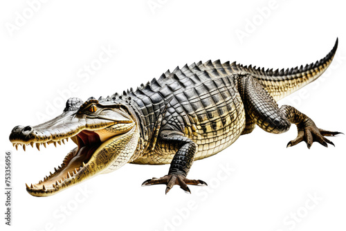 Crocodile full body shot  highly detailed  isolated on a pure white background  natural light  showcasing texture of scales  macro photography  potential for commercial use  digital high-resolution