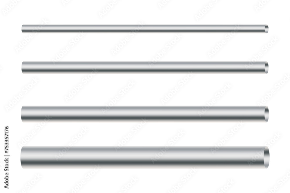 Silver rods aligned. Reflective metallic finish. Varied lengths visible. Vector illustration. EPS 10.