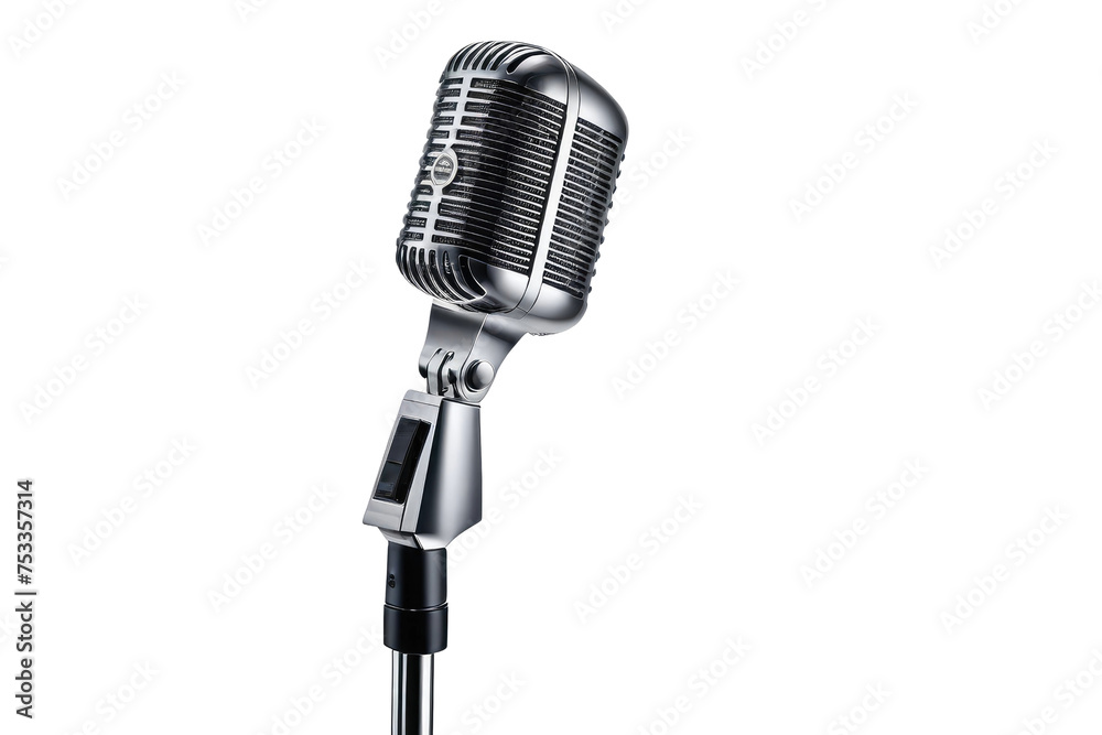 Fototapeta premium Microphone, full-body isolation against stark white background, portrays opulence with natural light highlighting sleek design, silver metal grille reflecting subtle glow, in high-resolution