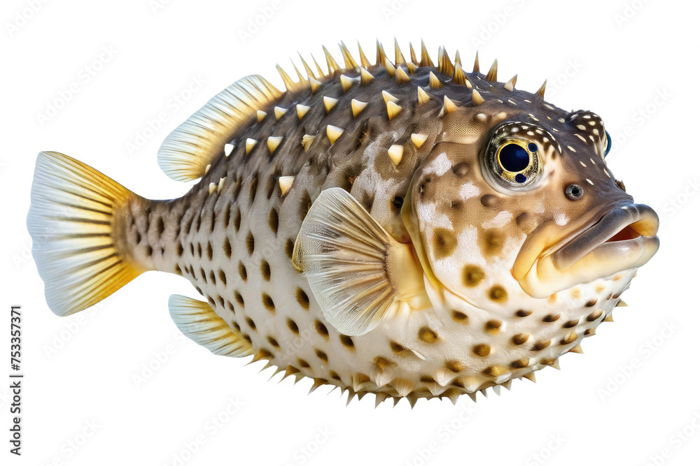 Pufferfish, high quality stock photo, full body view, isolated against a pure white background