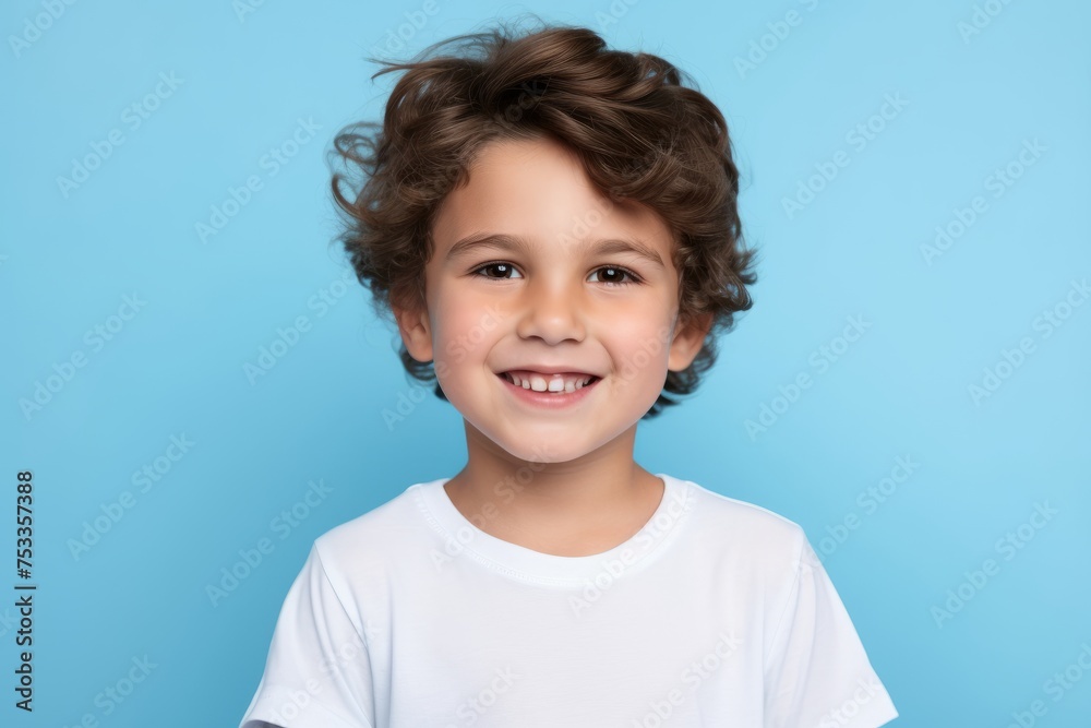 Portrait of a cute little boy with curly hair on a blue background Portrait of a cute little boy with curly hair on a blue background