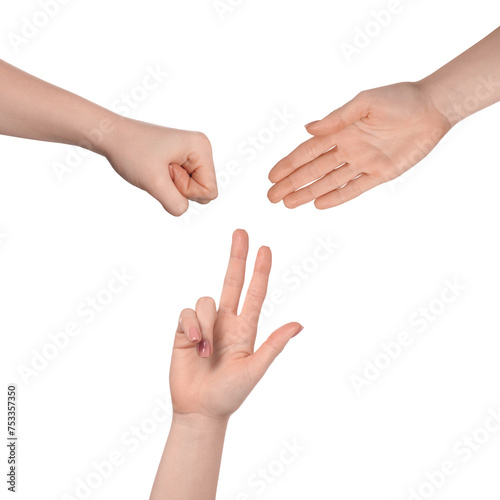People playing rock, paper and scissors on white background, top view