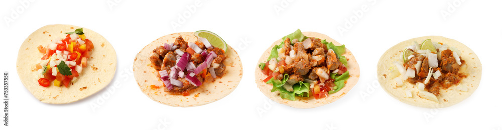 Different delicious tacos isolated on white, set Different delicious tacos isolated on white, set