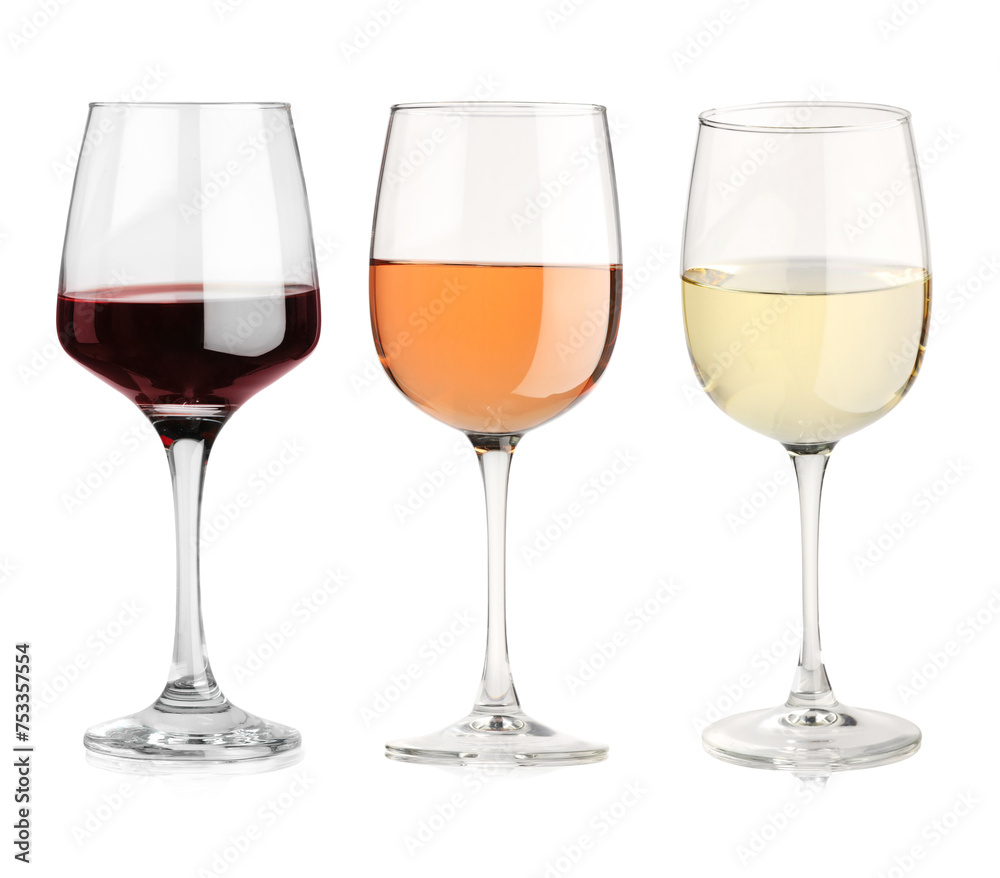 Glasses of white, rose and red wine isolated on white Glasses of white, rose and red wine isolated on white