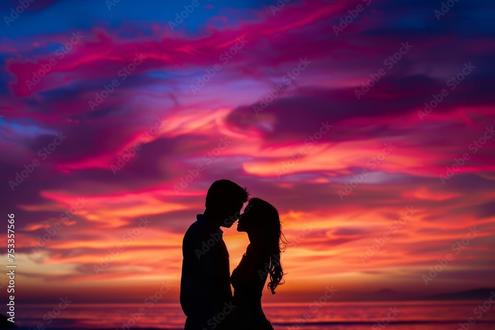 Romantic silhouette of a couple kissing against a backdrop of a colorful sunset Symbolizing love and togetherness in a picturesque setting
