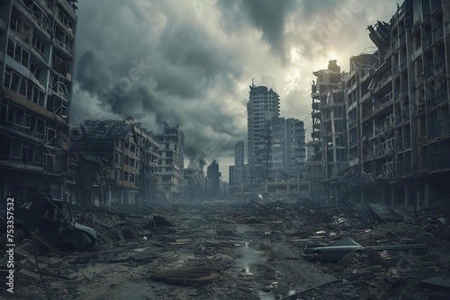 Post-apocalyptic cityscape showing the aftermath of a disaster With desolate buildings and a sense of survival among the ruins