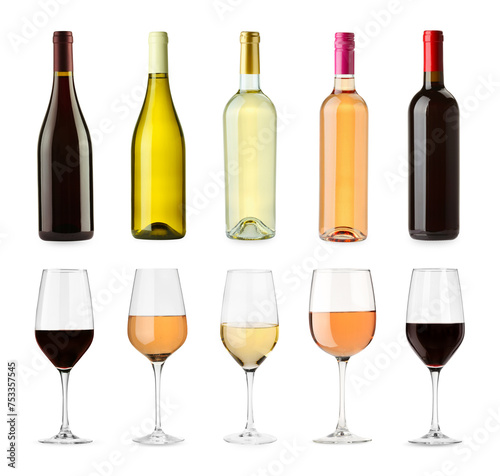 White, rose and red wine isolated on white