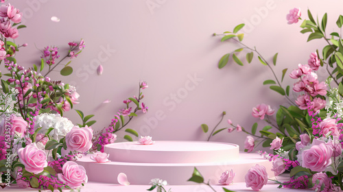 Podium background flower rose product pink spring table. Garden rose floral summer background podium cosmetic valentine easter field scene gift purple day romantic #753357703