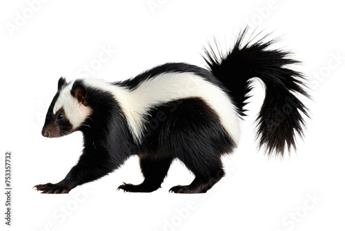 Skunk with glossy black fur and prominent white stripes, poised, tail elevated, on a flawless white background, studio lighting, high-resolution stock photo, ample space for text, natural pose