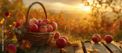 Sunset tableau with apples in a wooden basket on a table, reflecting autumn and the harvest idea.