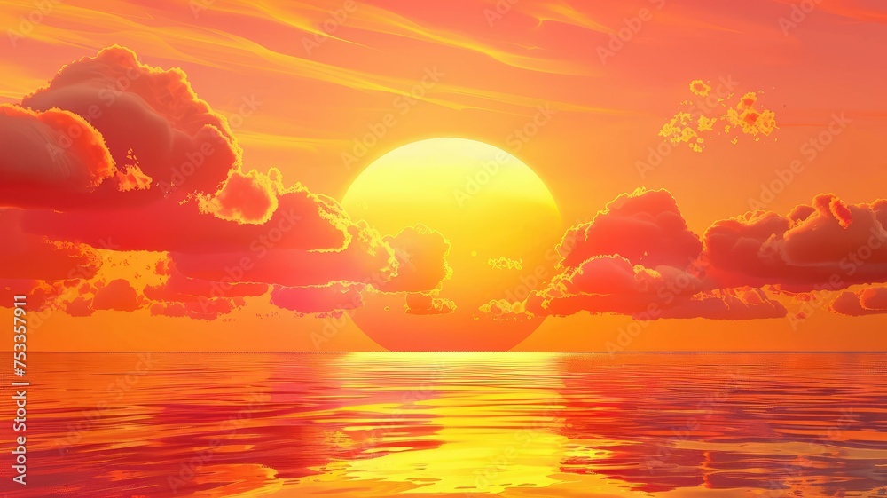 Serene sunset over calm ocean waters - A serene sunset paints the sky in soft oranges and pinks above a tranquil and calm ocean landscape