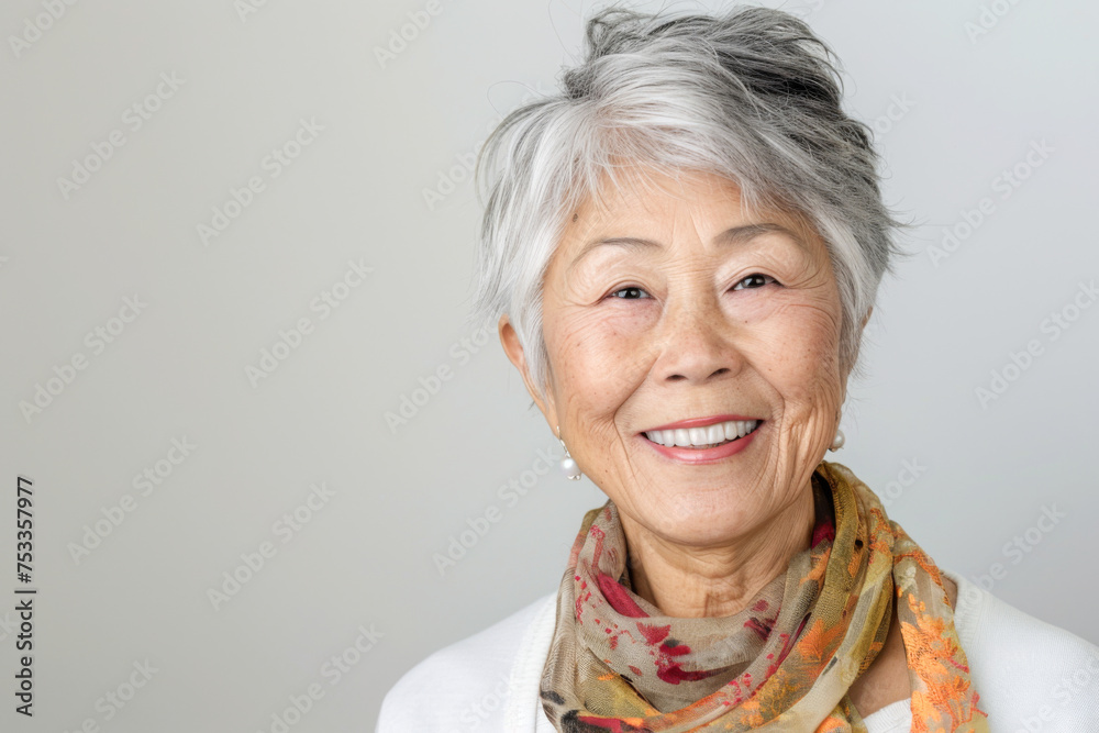 Portrait of old healthy, cheerful beautiful Asian woman smiling and looking at camera with white background. Happy aging society, retirement and senior healthcare concept Portrait of old healthy, cheerful beautiful Asian woman smiling and looking at camera with white background. Happy aging society, retirement and senior healthcare concept