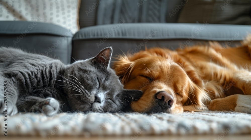 A cat and Golden Retriever sleep on the floor in living room A cat and Golden Retriever sleep on the floor in living room