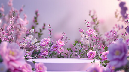 Podium background flower rose product pink spring table. Garden rose floral summer background podium cosmetic valentine easter field scene gift purple day romantic