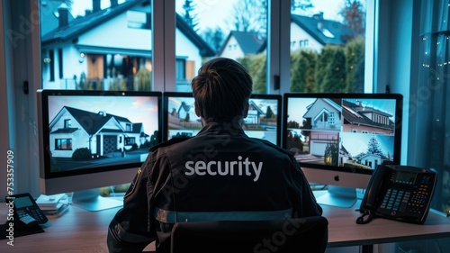 Security officer monitoring CCTV camera screens - A security officer in uniform attentively monitoring multiple screens of CCTV footage to ensure safety and protection of various properties photo