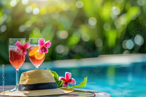 Glasses of fresh summer cocktails and hat on table near swimming pool. Generative AI. photo