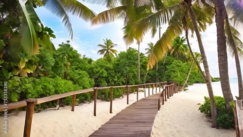 Scenic tropical beach with swaying palm trees lining the white sand shore photo
