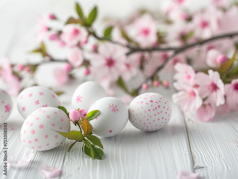 Fototapeta premium White happy easter eggs with Sakura blossom flower on white wood spring background. Close up.