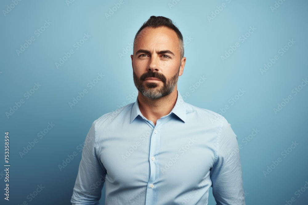 Portrait of a handsome bearded mature man in shirt on blue background.