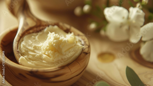 A closeup of a wooden s scooping out a thick creamy balm made from natural ingredients such as shea butter and essential oils for skin healing and nourishment.