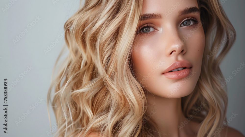 beautiful blonde woman with wavy medium-long hair, healthy skin looks at the camera and natural makeup of a young model on a studio background with copy space