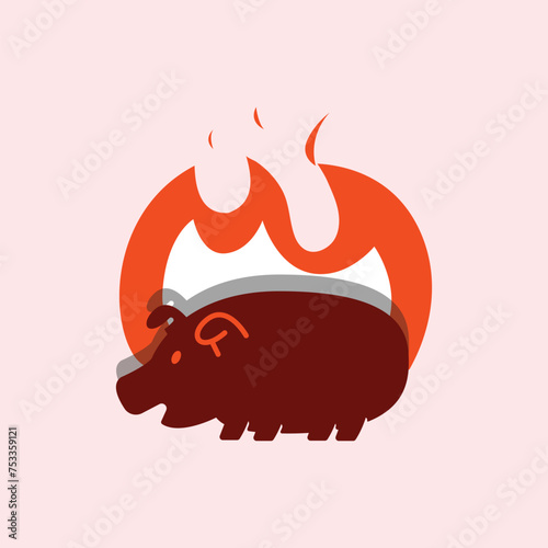 Pig barbeque logo design with simple fire vector 