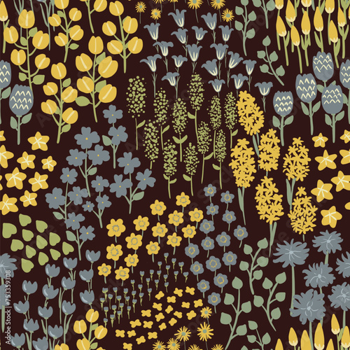 Hand draw night flower field in the forest on black background art stye seamless pattern