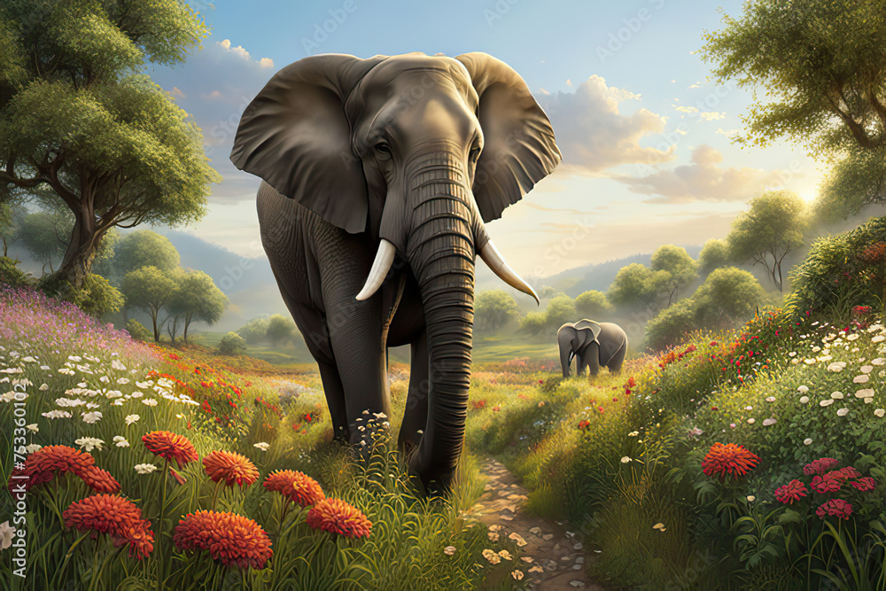 elephant slowly wandering through a sunny meadow scene alive with flowers,  - obrazy, fototapety, plakaty 