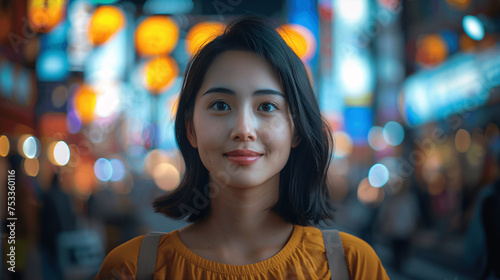Young Woman Smiling in Urban Night Setting with Colorful Bokeh Lights