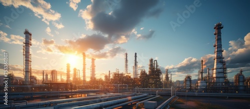 Panorama of oil refinery at sunset with beautiful sky. Panoramic image.