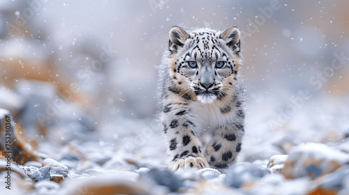 Snow Leopard Cub Walking in a Snowy Habitat